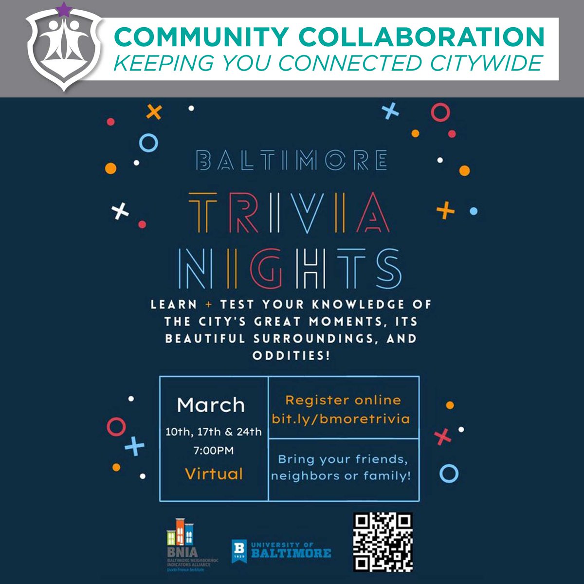 bmorehabc's tweet photo. How well do you know Charm City?! Come test your knowledge of the city's great moments, its beautiful surroundings, and oddities! Scan the QR code to register for Baltimore Trivia Nights! TOMORROW NIGHT at 7pm!  #baltimore  #trivia #bmorecommunitychange #bmore https://t.co/keVLJobJ2f