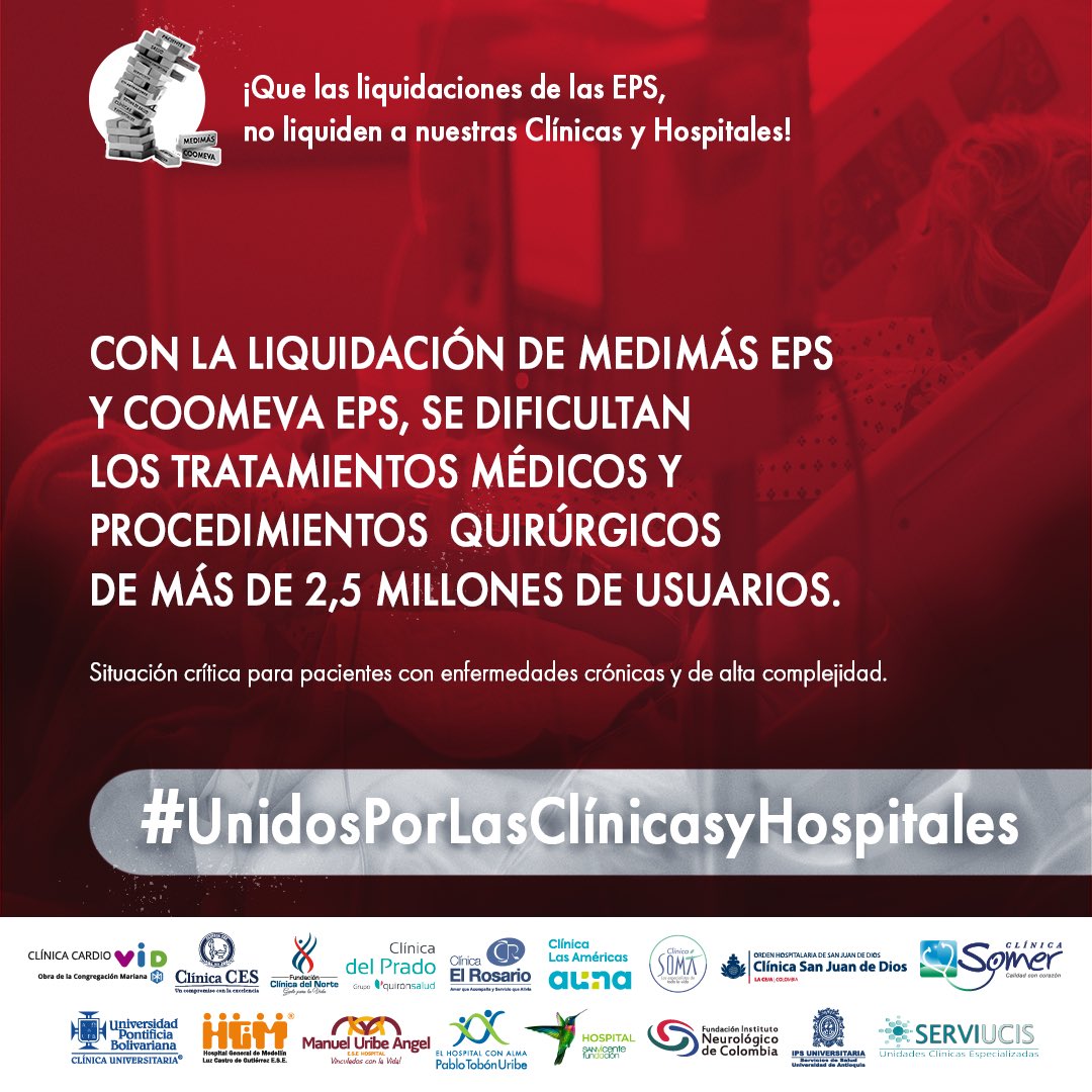 sanvicentefund's tweet photo. La liquidación de las EPS son la crónica de una tragedia anunciada, hoy las complicaciones son grandes y nos reducen las posibilidades para seguir operando. #UnidosPorLasClinicasyHospitales https://t.co/w2MSuRVeH8
