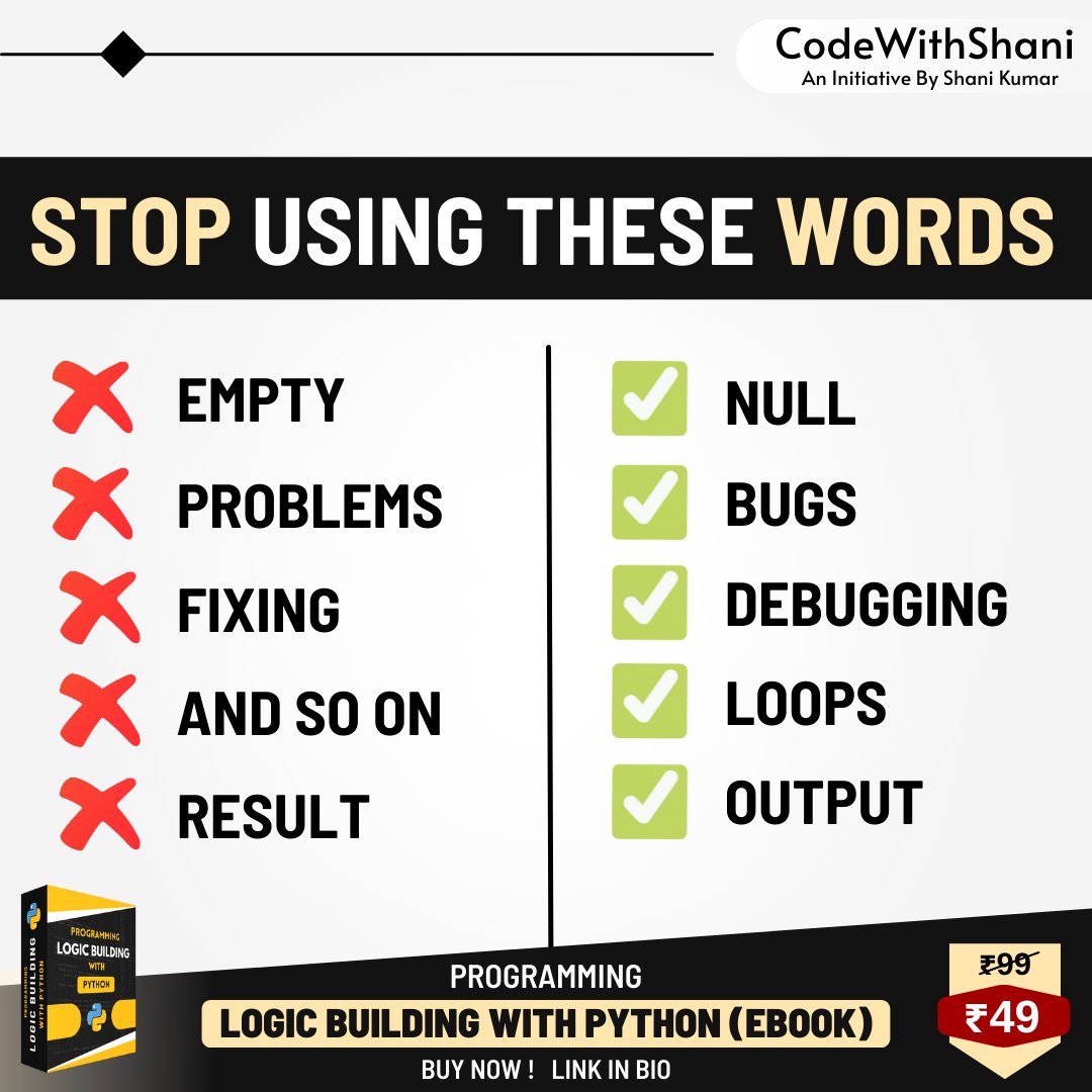 shaniprocoder's tweet image. Stop Using These Words
.
.
.
#coding #progrmming #programmer #students #learning #words #computer #computerscience