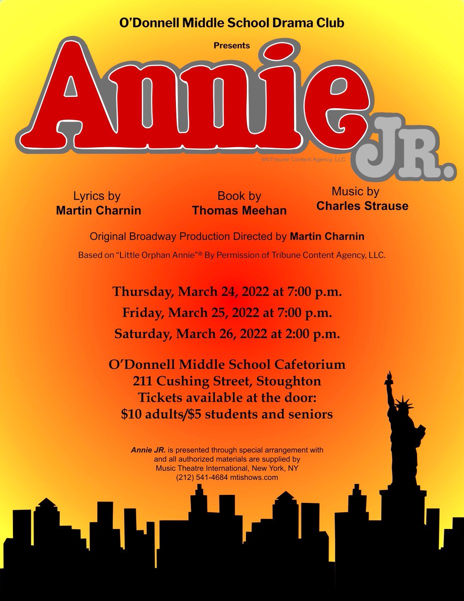 StoughtonPS's tweet photo. The O'Donnell Middle School Drama Club presents Annie Jr. March 24-26 at the OMS Cafetorium! 

- Thursday, March 24 at 7pm
- Friday, March 25 at 7pm
- Saturday, March 26 at 2pm 

Tickets will be available at the door. $10 for adults and $5 for students. https://t.co/mRCLOUTUb2