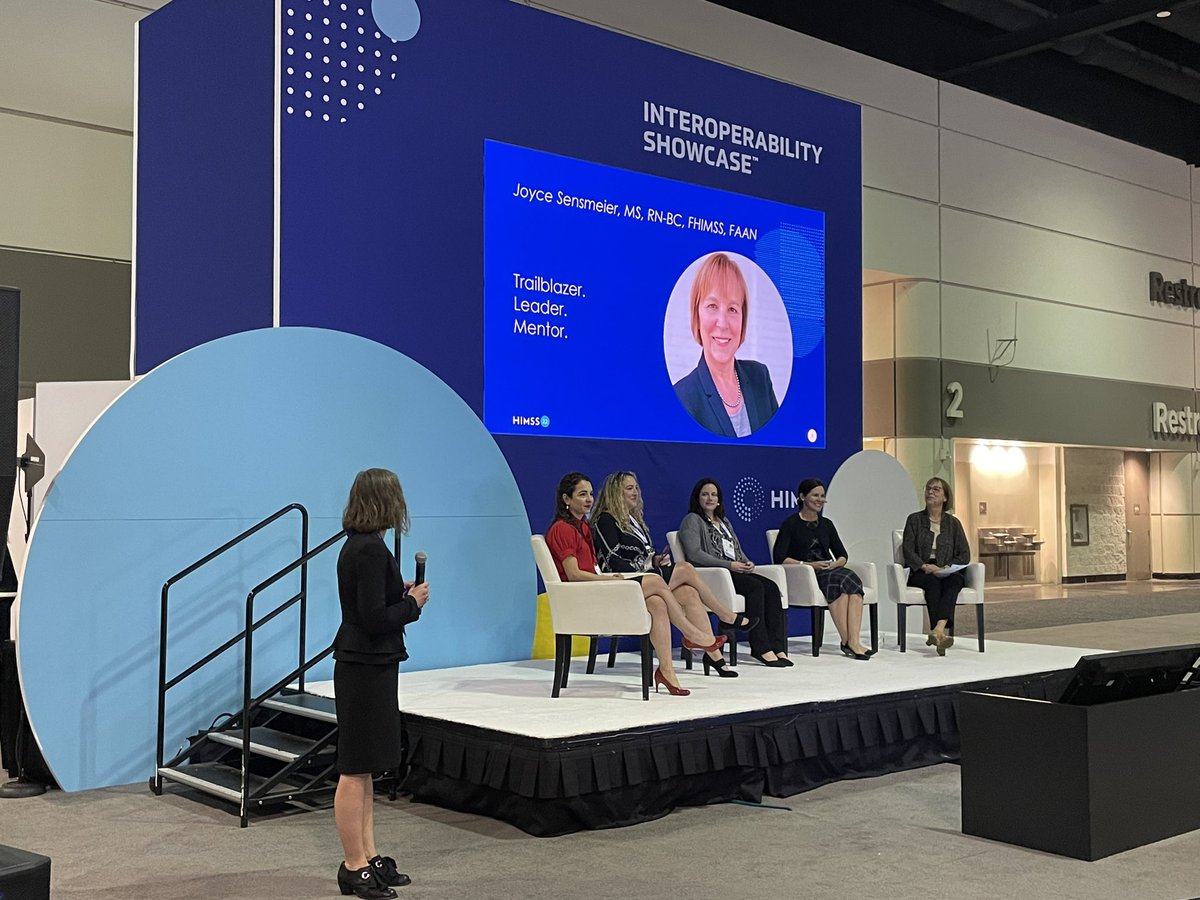KAWickenhauser's tweet photo. Excited to hear from the #WomenInInterop panel happening now in the #HIMSS22 #InteropShowcase!
@Christina_HIT @egallego @JessPKahn @lisabari @JoyceSensmeier https://t.co/oEcO0Mxvw9