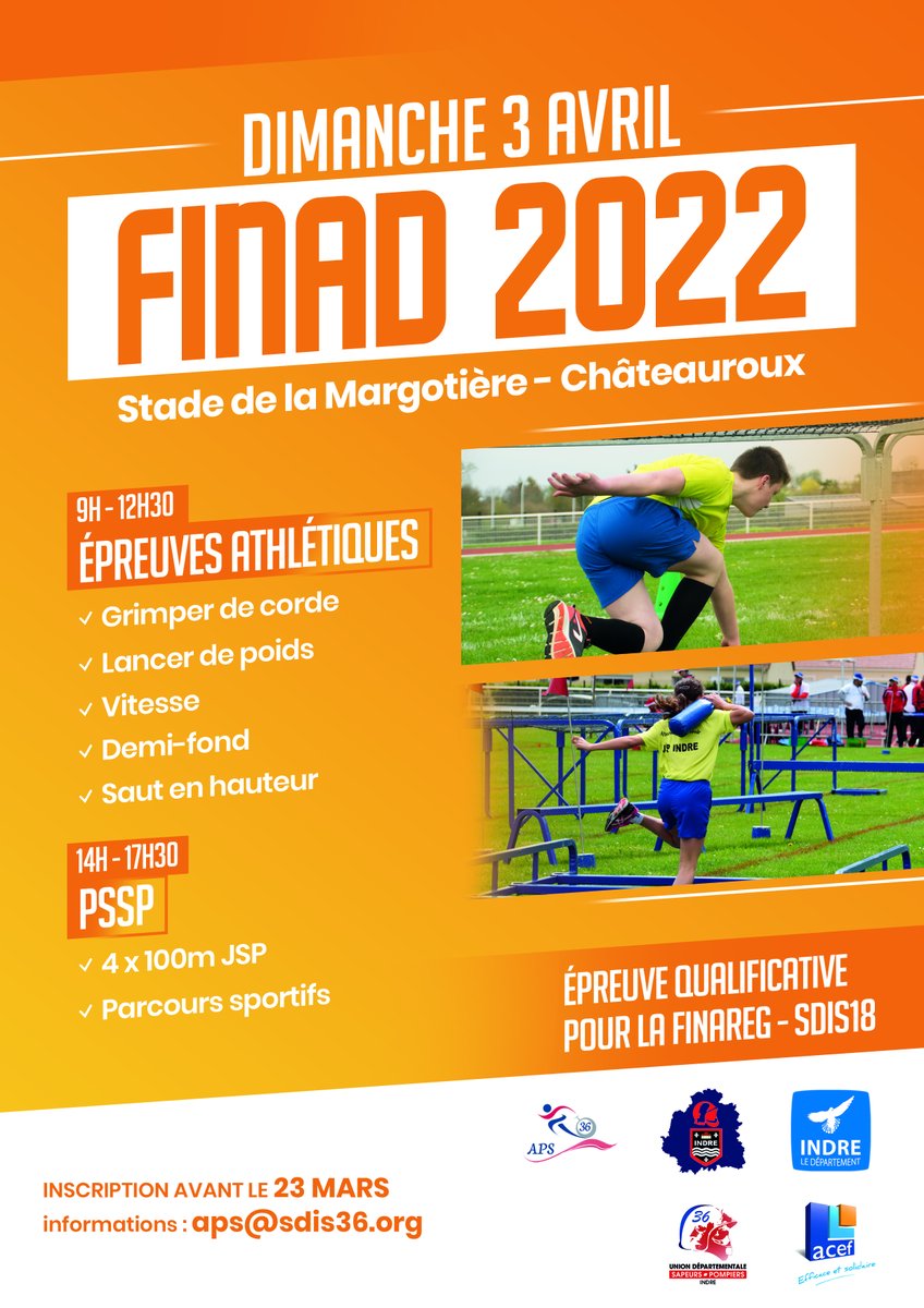 pompiers36's tweet image. 💪🏃 Après deux années sans compétition, les @pompiers36 vont se retrouver pour la #FINAD des épreuves athlétiques et du parcours sportif #PSSP à #Châteauroux.

🗓️ Dimanche 3 avril 2022 
⚠️ Inscription avant le 23 mars !
ℹ️ Épreuve qualificative pour la finale régionale à Bourges