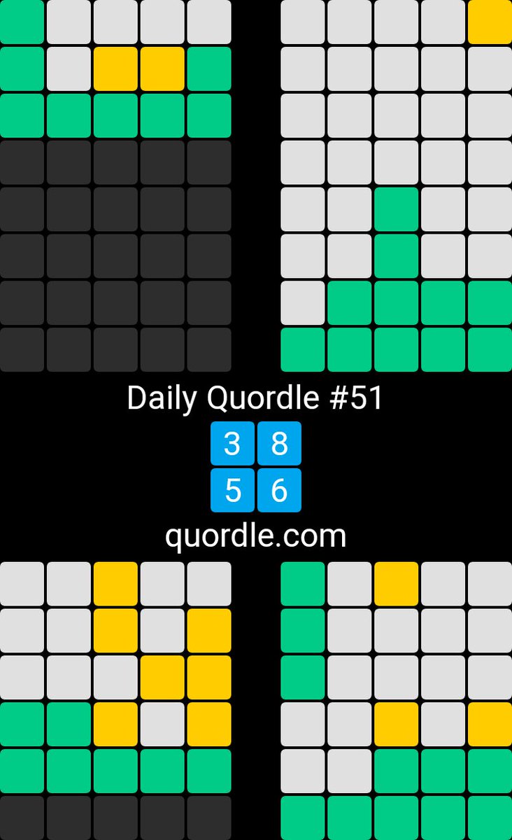 Aaah yeah. It's been a while. #51
3️⃣8️⃣
5️⃣6️⃣
quordle.com