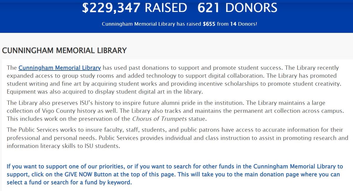 Noon totals for all Give To Blue donations and the library's cut. Check out the various 'challenges' and 'matching' opps to support the Library &amp; ISU!
#givetoblueday #givetoblue22 #LoveYourBlue #GiveToBlue #IndStateFriends #ForeverBlue #SycamorePride #BlueGivesBack
