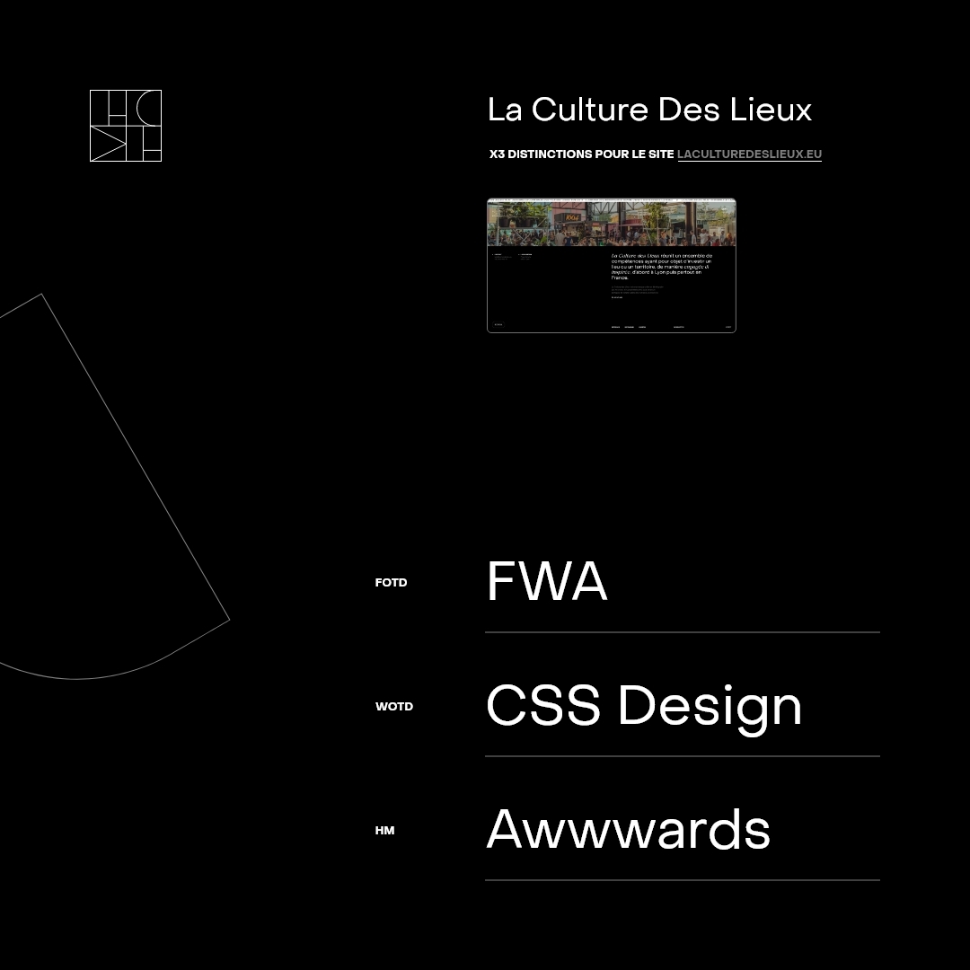 2 prix #FOTD #WOTD et une mention honorable pour notre site web La culture des lieux…🔥 

─ Merci encore aux jurys <a href="/fwa/">FWA 🏅</a>, <a href="/awwwards/">awwwards.</a> et <a href="/cssdesignawards/">CSS Design Awards</a> !