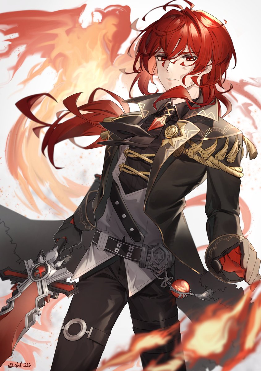 diluc (genshin impact) 1boy red hair male focus red eyes weapon long hair vision (genshin impact)  illustration images