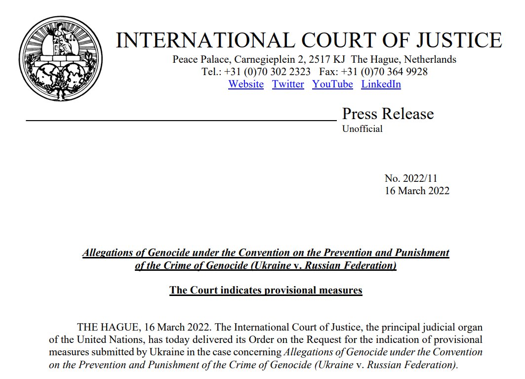 PRESS RELEASE: the #ICJ indicates provisional measures in the case concerning Allegations of Genocide under the Convention on the Prevention and Punishment of the Crime of Genocide (#Ukraine v. #Russia) bit.ly/3tVrFGo