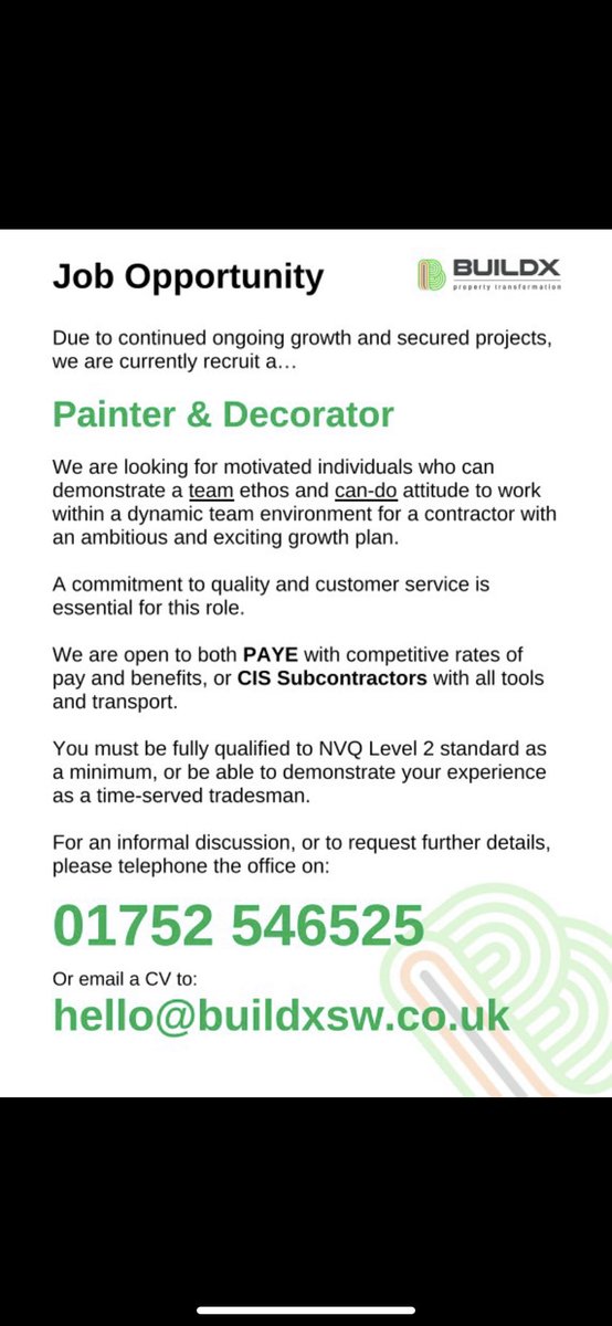 BuildXSW's tweet photo. We’re looking for a reliable, enthusiastic and committed painter and decorator to join our team! https://t.co/hqcO1SSVX4