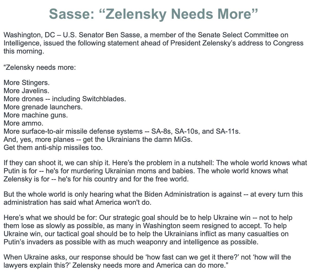 When Ukraine asks, our response should be 'how fast can we get it there?' not 'how will the lawyers explain this?' Zelensky needs more and America can do more.