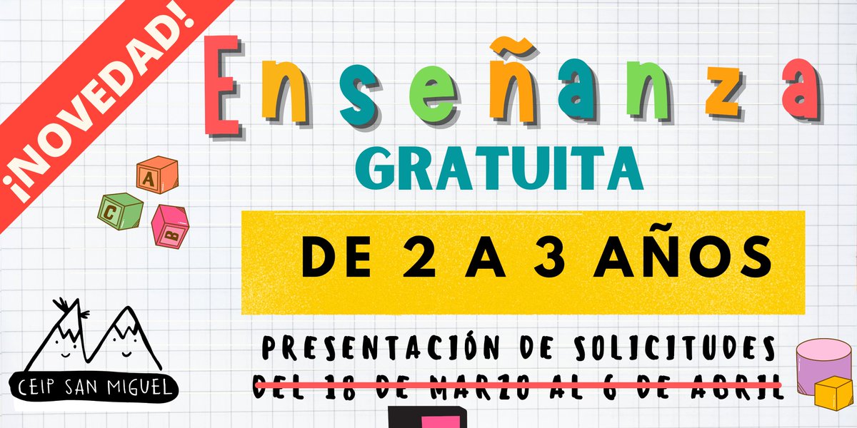ceip_sanmiguel's tweet photo. ⚠️⚠️⚠️⚠️⚠️IMPORTANTE ⚠️⚠️⚠️⚠️⚠️

Ha cambiado el plazo de matrícula para el alumnado de 2 a 3 años. 

Las nuevas fechas para la presentación de solicitudes son del 18 de abril al 25 de abril de 2022.

👦👧📚🏫🎒👧👦📚🎒🏫 https://t.co/r1iSWvIeXB
