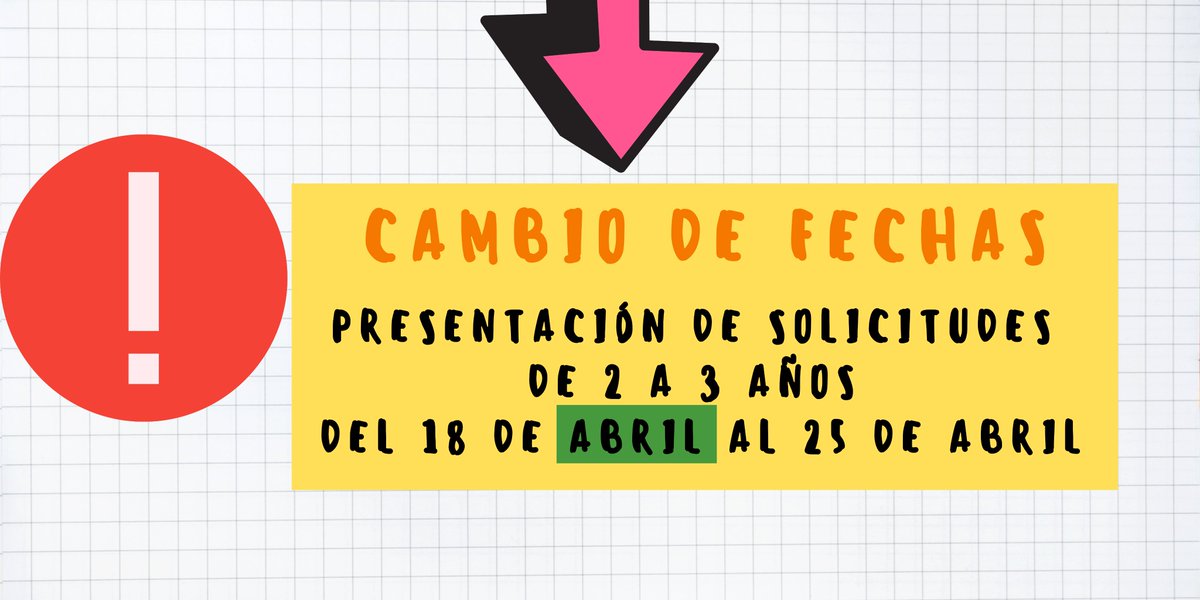 ceip_sanmiguel's tweet photo. ⚠️⚠️⚠️⚠️⚠️IMPORTANTE ⚠️⚠️⚠️⚠️⚠️

Ha cambiado el plazo de matrícula para el alumnado de 2 a 3 años. 

Las nuevas fechas para la presentación de solicitudes son del 18 de abril al 25 de abril de 2022.

👦👧📚🏫🎒👧👦📚🎒🏫 https://t.co/r1iSWvIeXB