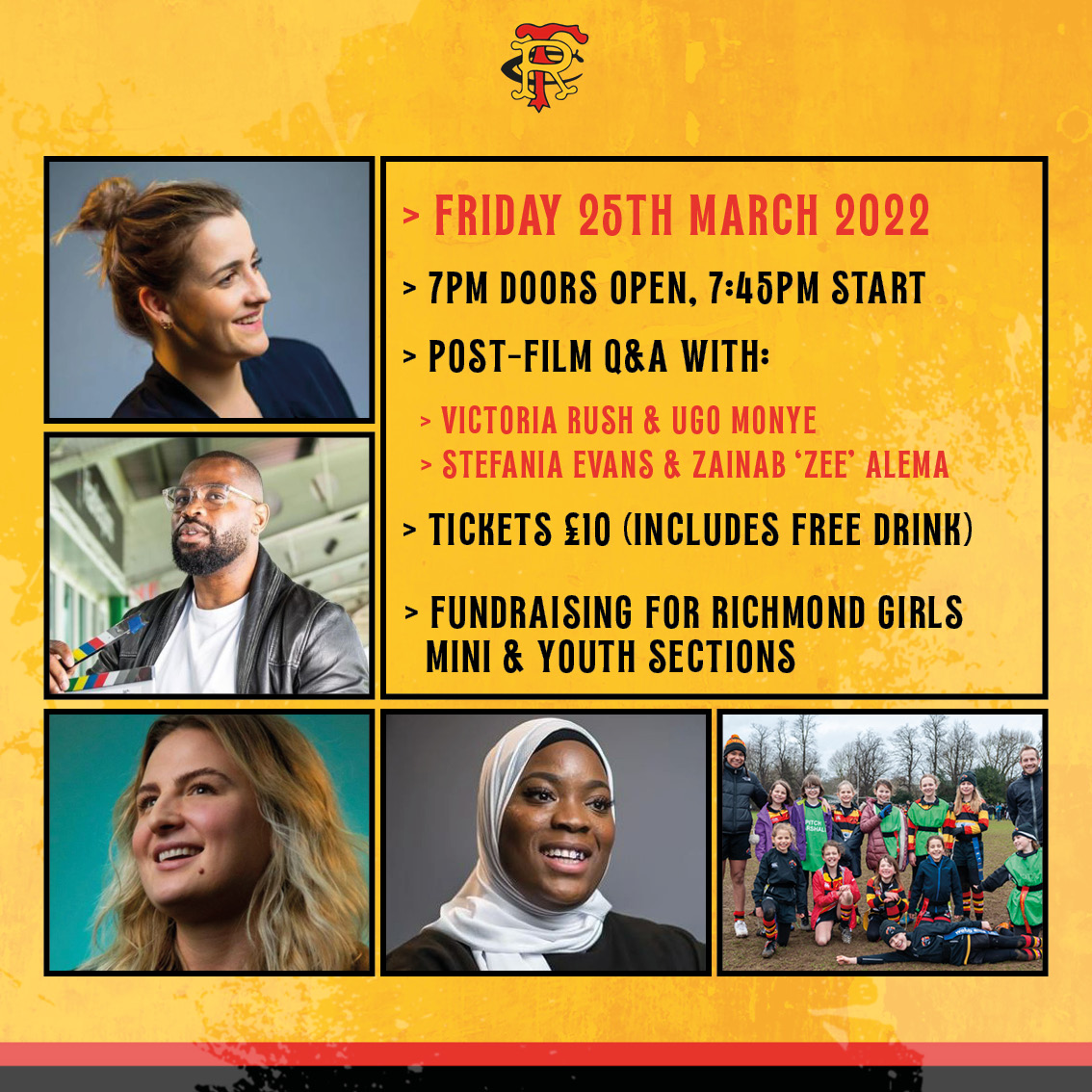 Richmond Rugby (@richmondfc1861) on Twitter photo To celebrate the premiere of <a href="/victoriahrush/">Victoria Rush</a>'s #NoWomenNoTry Film, we're excited to announce an exclusive screening event at the club!
🗓️ Fri 25th March @ 7pm
⭐️ VIP guest panel
🏉 Fundraising for girls mini + youth
£10 tickets: tinyurl.com/45adrkjm
#ThisIsRichmond 💛❤️🖤 To celebrate the premiere of <a href="/victoriahrush/">Victoria Rush</a>'s #NoWomenNoTry Film, we're excited to announce an exclusive screening event at the club!
🗓️ Fri 25th March @ 7pm
⭐️ VIP guest panel
🏉 Fundraising for girls mini + youth
£10 tickets: tinyurl.com/45adrkjm
#ThisIsRichmond 💛❤️🖤
