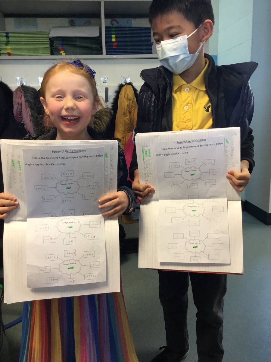 MissFlynnMLP's tweet photo. These superstars were looking at synonyms of verbs. They used a thesaurus to find some more powerful verbs. #powerfulverbs #english #poetry @MabLanePri @MrsGillardMLP https://t.co/EbeQJyAClO