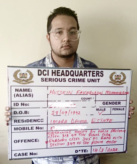 DCI_Kenya's tweet photo. Notorious Fraudster Arrested

Attempts by a notorious fraudster to obtain millions of shillings fraudulently were cut short by serious crimes detectives, after they pounced on the con selling an apartment that did not belong to him.
Hussein Fakhruddin Mohammedbhai, https://t.co/GMAEneC4cN