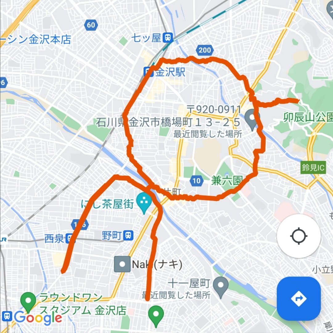motorika1701's tweet photo. 一説には400年以上戦火にあっていない街はスイスのチューリッヒと金沢だけ。
そのスイス・チューリッヒのブランド「オン（On）」が、ブランド史上初となる日本の地名をモデル名に冠したシューズCloudaway Kanazawa発売中 
縁（円）を感じて描きました😆
#On #Cloudaway 
#GPSアート #お絵かきラン https://t.co/VRqsNgk7zZ