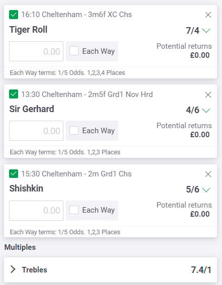 CheltenhamTips's tweet photo. Place £20 as an acca your first bet, if it wins you’ll win £148. If it loses, you’ll get a cash refund.

(18+, Ts&amp;Cs Apply)

🏇 Tiger Roll 7/4
🏇 Sir Gerhard 4/6
🏇 Shishkin 5/6

👉 https://t.co/O9GddzkGHn

*New Customer Offer* 🔞 T&amp;C's Apply BeGambleAware #Ad #CheltenhamFestival https://t.co/noySyGSZMI