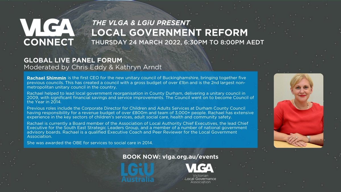 GlobalLocalLGIU's tweet image. 📣Rachael Shimmin, CEO @BucksCouncil will  join us on Thursday 24 March as we tackle #localgov reform in our first #GlobalLocal Executive Panel of 2022 with @_VLGA 🌏

Book now to hear from speakers from Australia, NZ, Ireland &amp;amp; the UK  💻lgiu.org/workstream/glo…