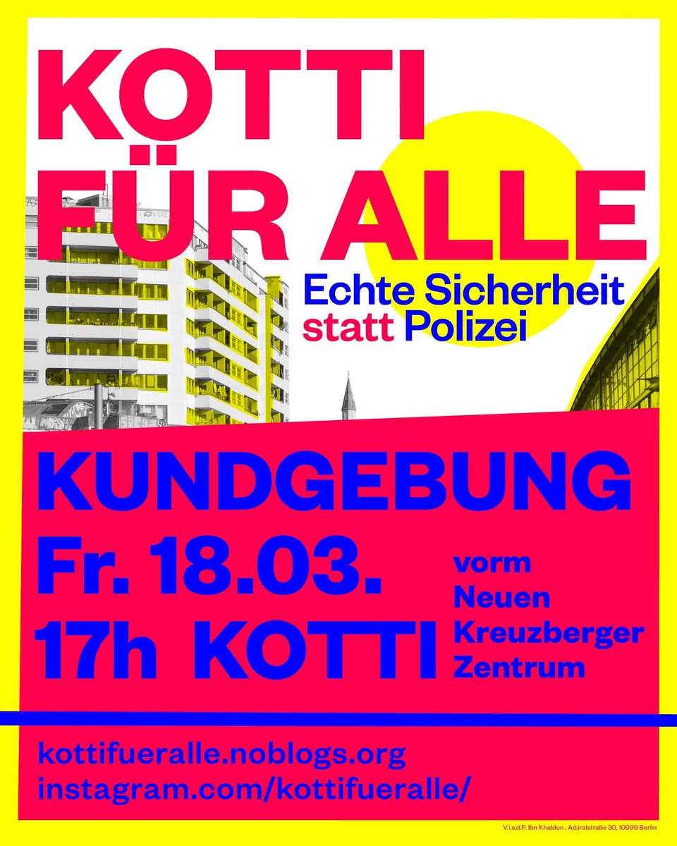 Am Freitag sind wir auch beim Protest  am Kotti dabei, mehr Polizei und Verdrägung kann nie die richtige Antwort auf soziale Probleme sein

#KottiFürAlle statt Polizeiwache!

Gemeinsam gegen #Polizeigewalt
#GoFilmThePolice