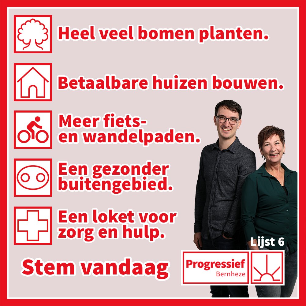 Tot 21:00 uur vanavond kan jij stemmen voor de gemeenteraadsverkiezingen. Wij (lijst 6) zijn klaar om Bernheze groener en gezonder te maken. 🗳 progressiefbernheze.nl
