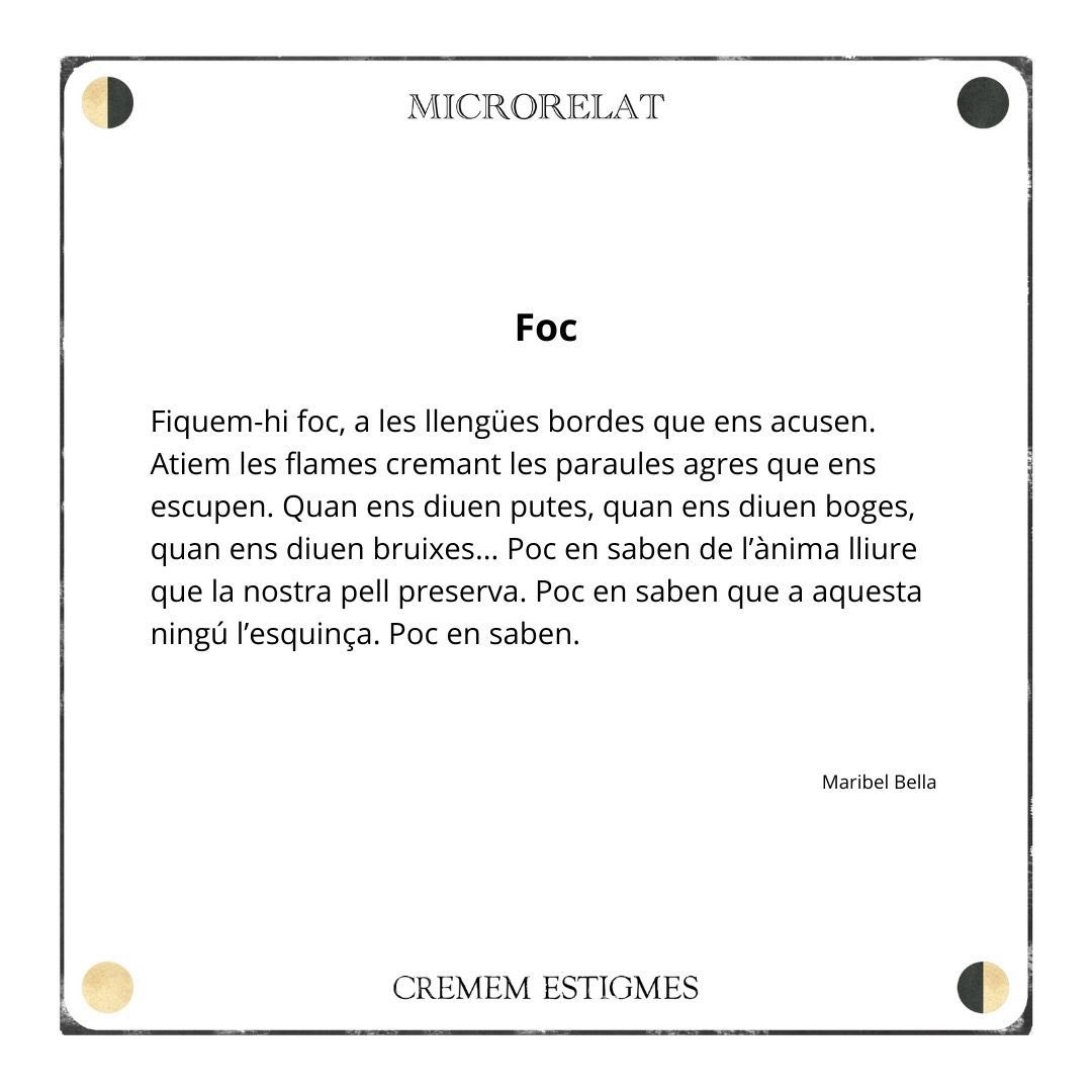 ✍🏼 <a href="/maribelbella2/">Maribel Bella</a> avui fa foc 🔥amb un nou #microrelat del #8M per cremar allò que no toca.

#Crememestigmes #Solsona #Solsonès
