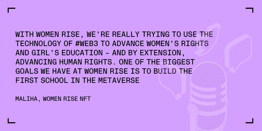 Earlier this month, we held a Twitter Space with <a href="/WomenriseNFT/">Women Rise</a> in celebration of #WomensHistoryMonth! 

Here's just some of what <a href="/Maliha_z_Art/">Maliha | Artist , Author</a> had to say about Women Rise's goals &amp; ambitions.

🎧 Listen back to the rest of the Space here! 
x.com/i/spaces/1zqJV…