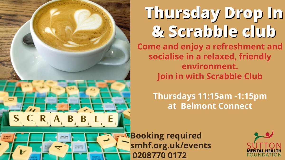 SuttonMHF's tweet photo. Thursday #DropIn & #ScrabbleClub
Come & enjoy a refreshment & socialise in a relaxed, friendly environment.
Join in with #ScrabbleClub
🗓Thurs 11:15am - 1:15pm
📍Belmont Connect
#Connect #Learn #Support #Sutton #smhf
*Booking Required*
📞02087700172
💻https://t.co/F8bXPGfCty https://t.co/1woyAb3yDu