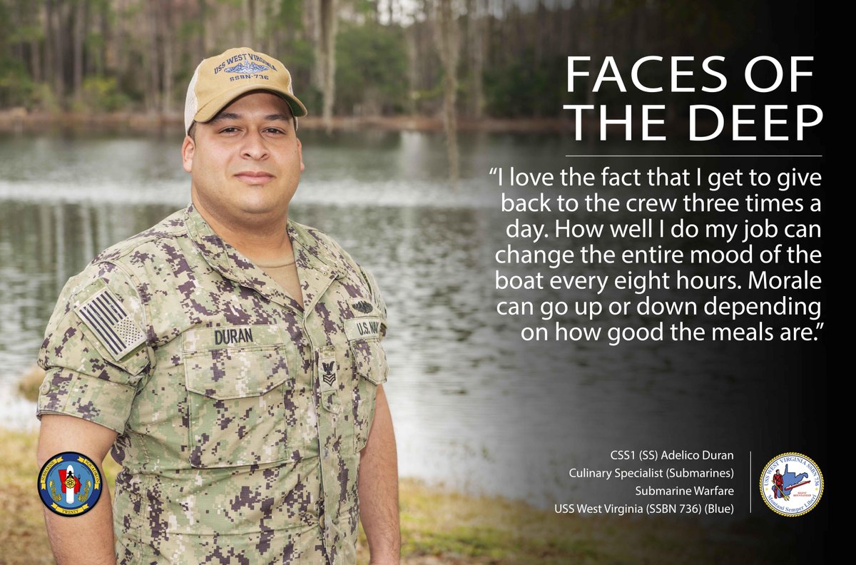 COMSUBLANT's tweet photo. FACES OF THE DEEP: Meet CSS1(SS) Adelico Duran assigned to USS West Virginia (SSBN 736) (Blue).
“I love the fact that I get to give back to the crew. How well I do my job can change the entire mood of the boat every eight hours. Morale can go up or down depending on the meals.” https://t.co/9E4GLhxMr1