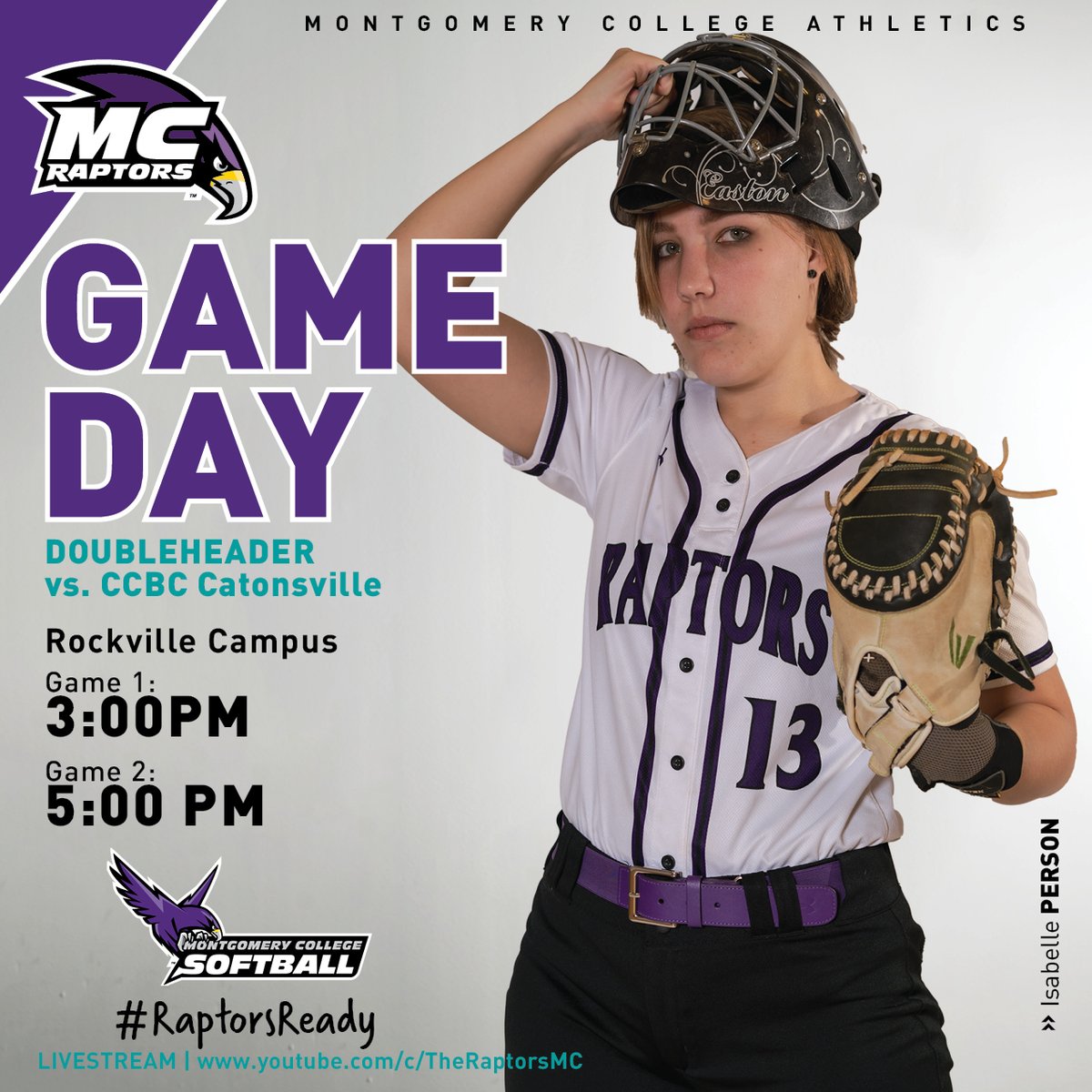 Game day! #MC_Raptors Softball hosts a DH against CCBC Catonsville on the Rockville Campus! First pitch is set for 3:00 PM! Watch live via YouTube. #GoRaptors #RaptorsReady 

📍: Rockville, MD
⏰: 3:00 PM
🥎Game 1📺: ow.ly/wofI50Ikkt9 
🥎Game 2📺: ow.ly/1V8J50Ikkta