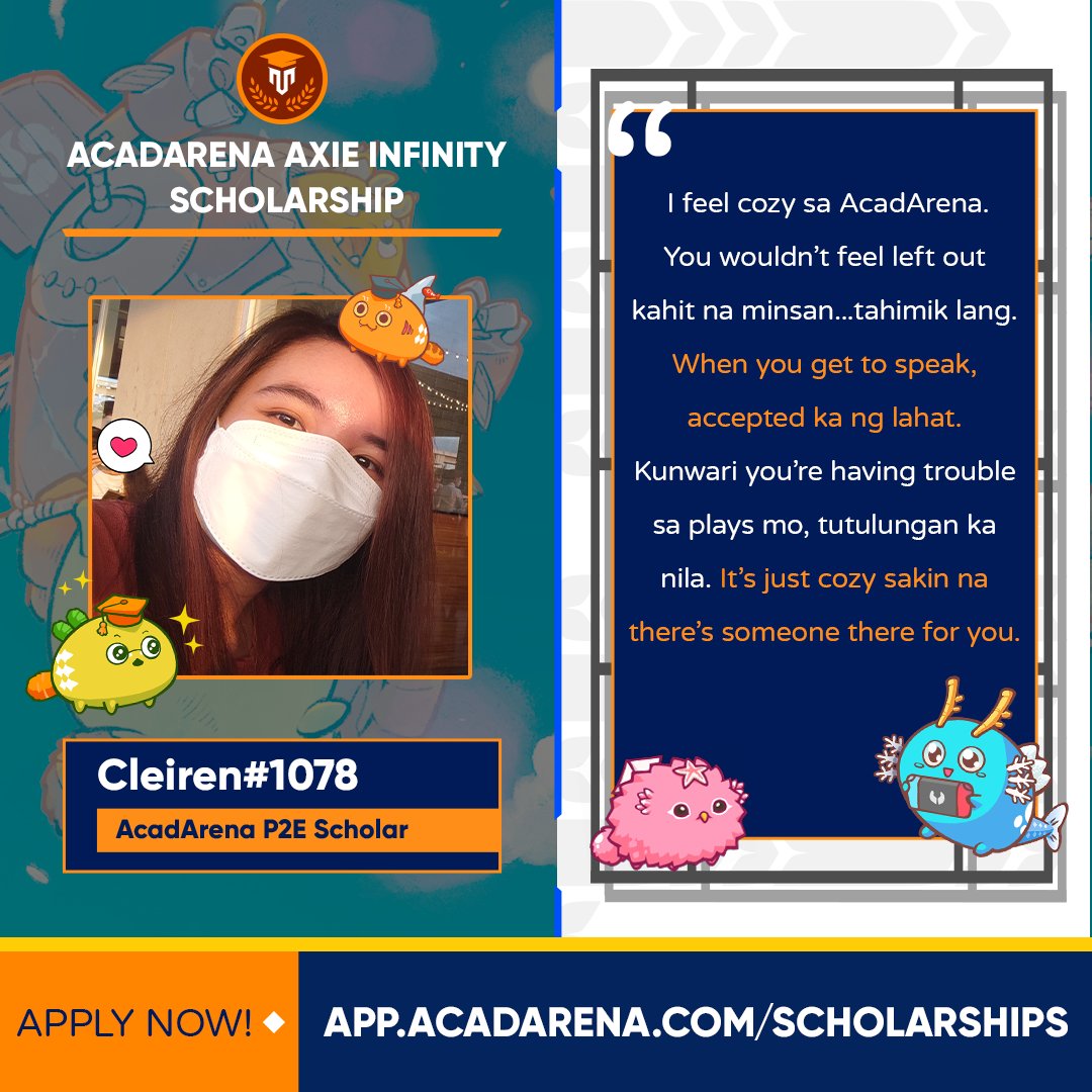 acadarena's tweet photo. 'Di lang kami nagbibigay ng Axie Scholarships for students to #PlayToEarn, but we also provide a safe space for everyone! 👉 Apply ka rito: https://t.co/kWtEzDowUZ

💗 Maging AcadArena #PlayToGrad 🎓 Scholar tulad ni Cleiren!

#NotJustPlay https://t.co/JoFdcC0DlB