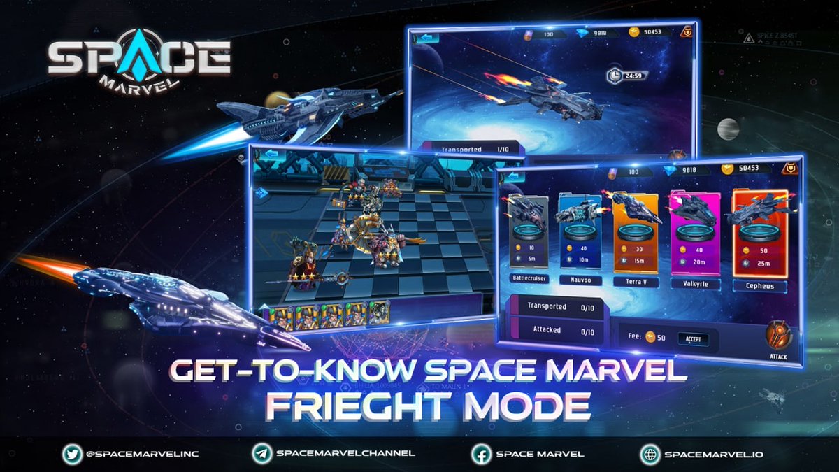 spacemarvelinc's tweet photo. 👉 In Freight Mode, players will use Spaceships to transport and try to defend from being hijacked by others. Entering this mode requires $SVX. If successful, players can receive up to 300% of the initial fee, or else, they will lose some tokens to the hijackers! 

#SVE #Gameplay https://t.co/Bx73asImzx