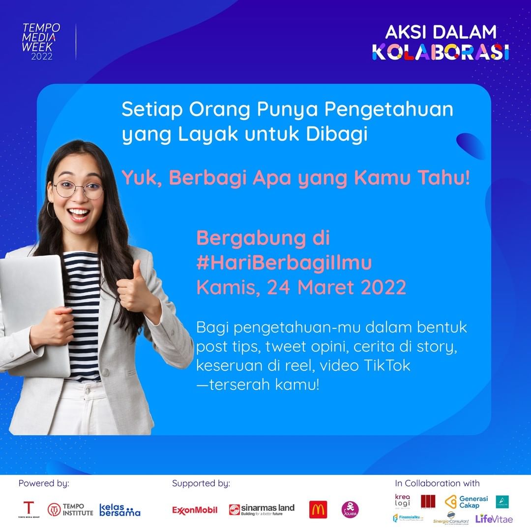 kelasbersamaid's tweet photo. Tunggu apa lagi? Mulai tulis, rekam, dan jangan lupa posting nanti tanggal 24 Maret 2022—waktunya kolaborasi dan berbagi ilmu!
#TempoMediaWeek
#AksidalamKolaborasi https://t.co/SNx1p5XwKV