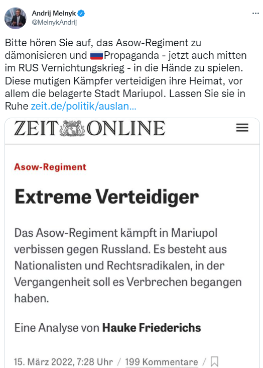 Der ukrainische Botschafter #Melnyk will keine Kritik an dem »Asow«-Bataillon hören.

Demgegenüber bestehen wir darauf, über das faschistische Regiment aufzuklären - auch weil es enge Kontakte zu deutschen Neonazis unterhält. Ein #jWBericht dazu:

👉 jungewelt.de/artikel/422263…