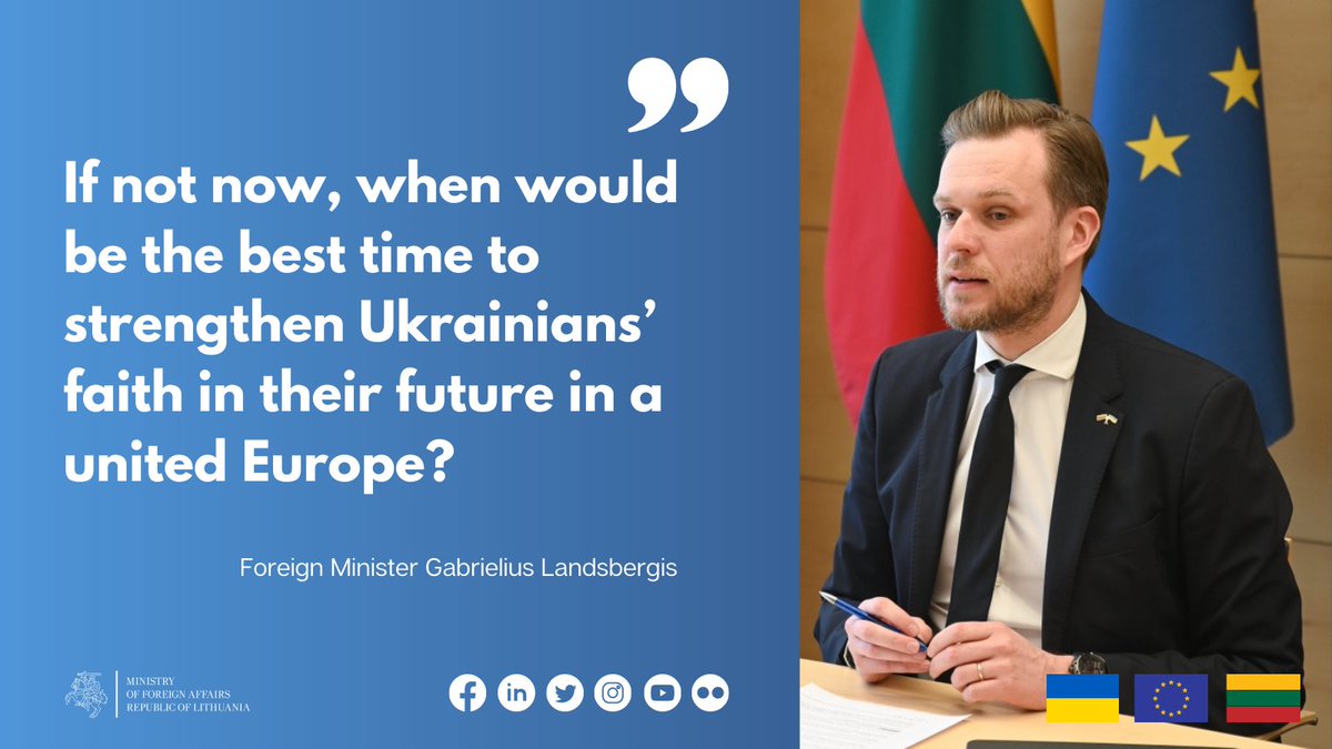 "Ukraine’s struggle is a fight for freedom&amp;democracy in Europe. When, if not today, is the right time to strengthen Ukrainians' faith in their future in a united Europe", said FM <a href="/GLandsbergis/">Gabrielius Landsbergis🇱🇹</a> at @EESC_LT conference today on #Ukraine's 🇺🇦 #EU 🇪🇺 future.

🔗urm.lt/default/en/new…