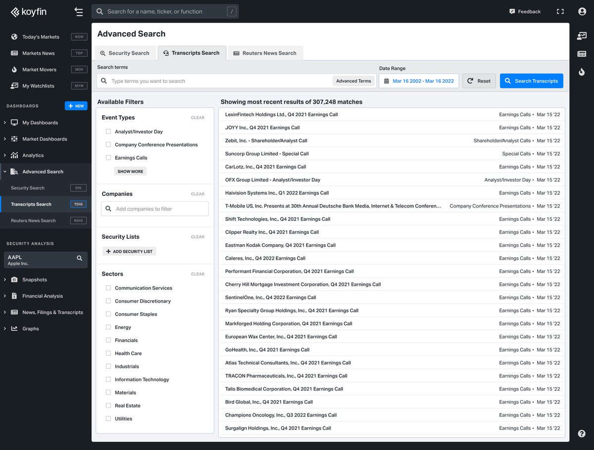 NotJustGolf's tweet photo. Quietly released transcript and news search on @KoyfinCharts for plus and pro users. 

We also improved our highlighting of documents with snippets.

Next up filings search... https://t.co/MjfqRCBgV6
