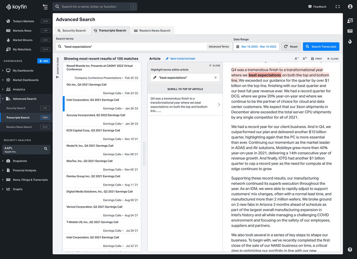 NotJustGolf's tweet photo. Quietly released transcript and news search on @KoyfinCharts for plus and pro users. 

We also improved our highlighting of documents with snippets.

Next up filings search... https://t.co/MjfqRCBgV6