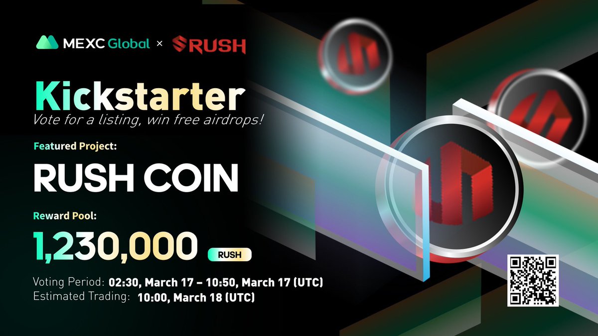 Presenting the new #Kickstarter session with <a href="/rush_global/">RUSH</a> 

🗳Vote with $MX to get $RUSH listed and share 1,230,000 $RUSH
⏰Period: 02:30 - 10:50 Mar 17 (UTC)
📈Trading: 10:00 Mar 18 (UTC)

Details: bit.ly/3CJDjYZ

💚Sign up: bit.ly/3uemwLl

#Rushcoin #MEXC