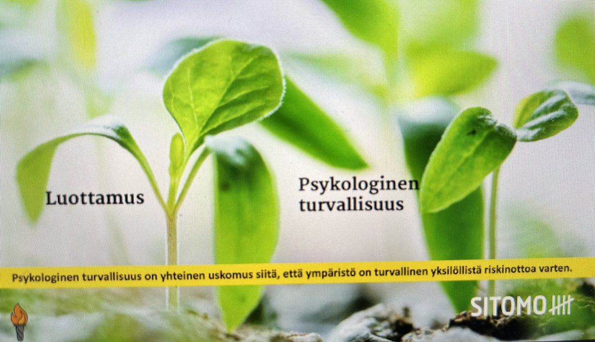 Tänään <a href="/Sitouttaja/">Sitomo</a> koulutuksessa, aiheena #psykologinenturvallisuus joka ei ole työpaikoilla itsestäänselvyys. Hyväksytäänkö teillä erilaisuus ja kaikkien mielipiteet? Uskaltavatko kaikki osallistua ja oppia? Tosi kiinnostavaa, varsinkin juuri työpaikkaa vaihtaneena.