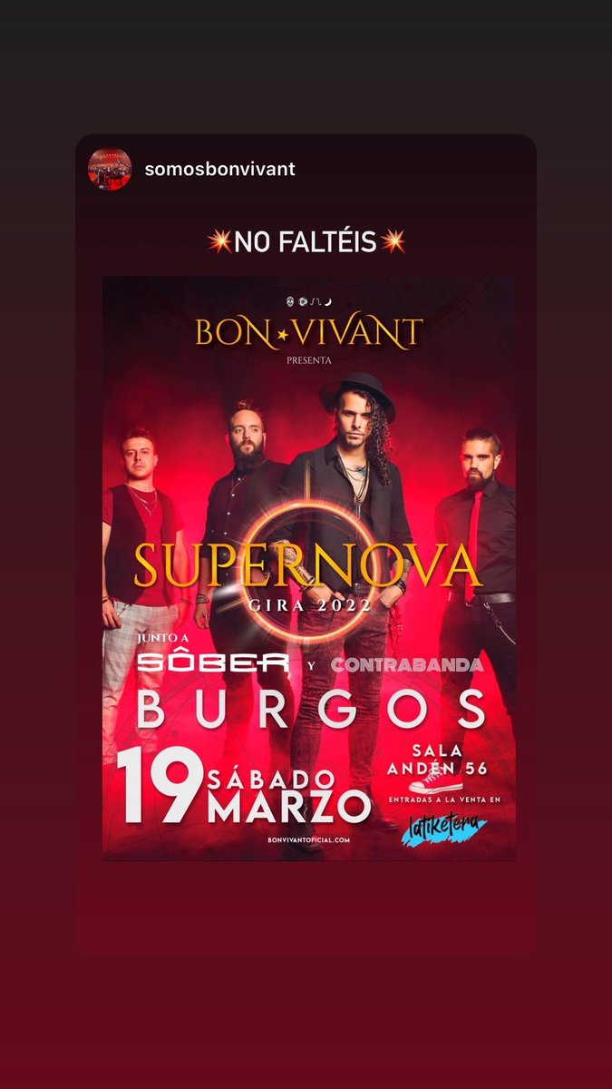 LuisOeoDrummer's tweet photo. Sábado 19 de Marzo @SoberRock @Contrabanda_13 @BonVivantRock  #burgos 

🎟️ https://t.co/YRIQG5BDWT https://t.co/fIHiPwsoZi