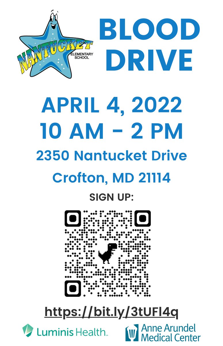Nantucketaacps's tweet image. We will be hosting a community blood drive to support AAMC and Luminis Health on April 4.  Let's come together and support those in need!  Open to the greater Crofton community!  Please share! 
@AAMCNews
@NES_PTA