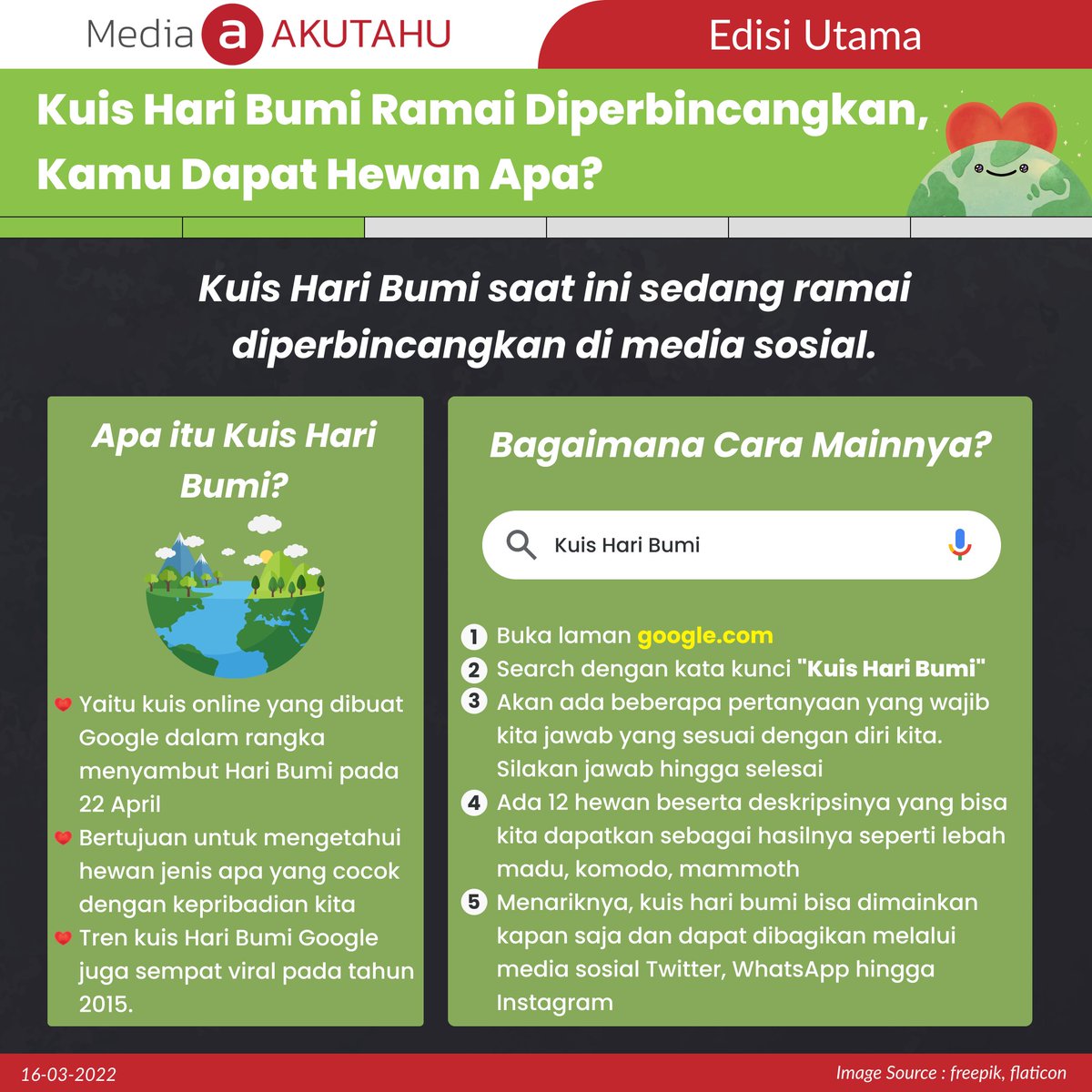 akutahu's tweet photo. Ayo siapa Sobat disini yang udah ikut tren Kuis Hari Bumi? Dapet hewan apanih Sobat?

Kuis Hari Bumi memang sedang viral di media sosial akhir - akhir ini. Nah berikut penjelasan mengenai Kuis Hari Bumi. Selamat mencoba

#kuisharibumi #haribumi #earthdayquiz #google  #tren #quiz https://t.co/4N3LwlCpvR