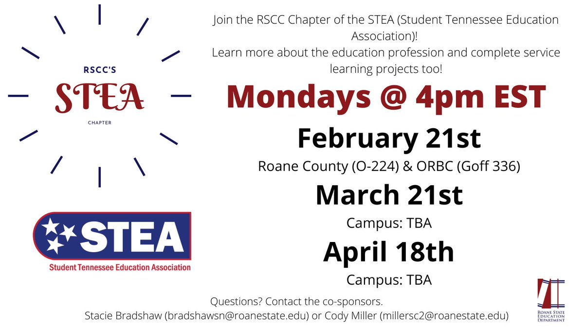 Our next STEA Meeting will take place on Monday, March 21st at 4pm EST. You can attend on either the Roane (O-224) or Oak Ridge (Goff 336) campus. Come be a part of an amazing organization and group of students! #RSCCSTEA #futureteachersofRSCC