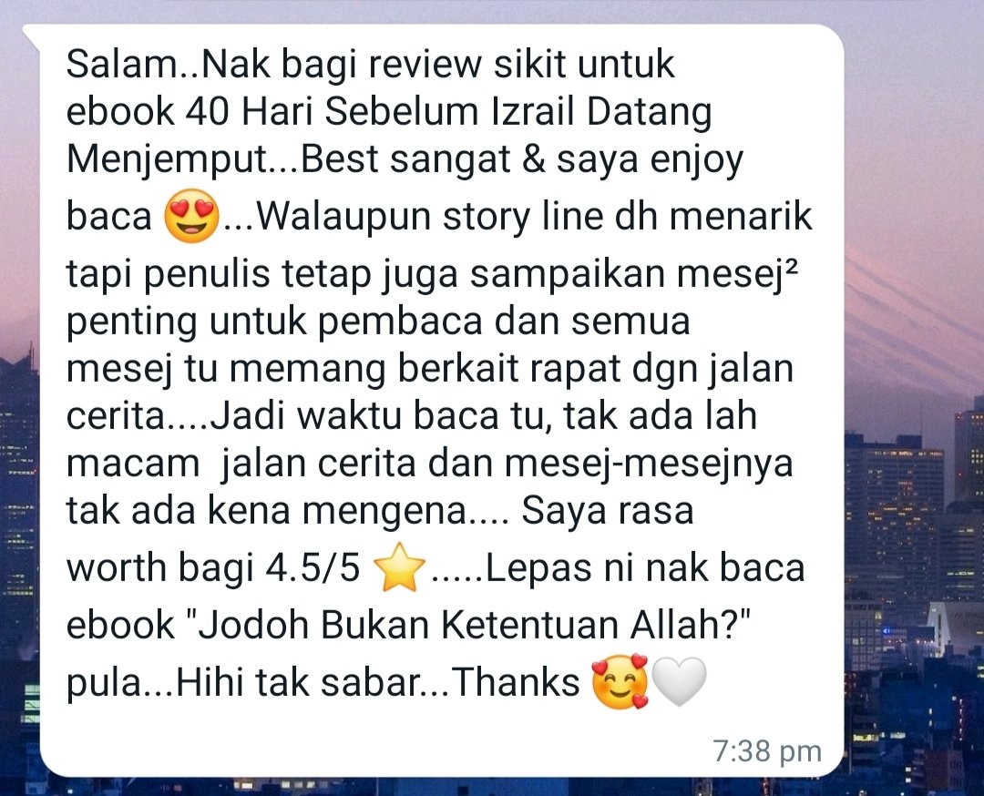 AmirulEbook's tweet photo. KEMATIAN BOLEH TIBA PADA BILA-BILA MASA 😌

Kita semua mungkin terlahir dengan satu cara. Namun, Izrail boleh datang menjemput dengan berbagai cara.

Jangan kita terlalu selesa kerana kematian itu boleh tiba pada bila-bila masa. Mungkin juga pada waktu kita tak menduga 🥰 https://t.co/SMNt5eAlKE