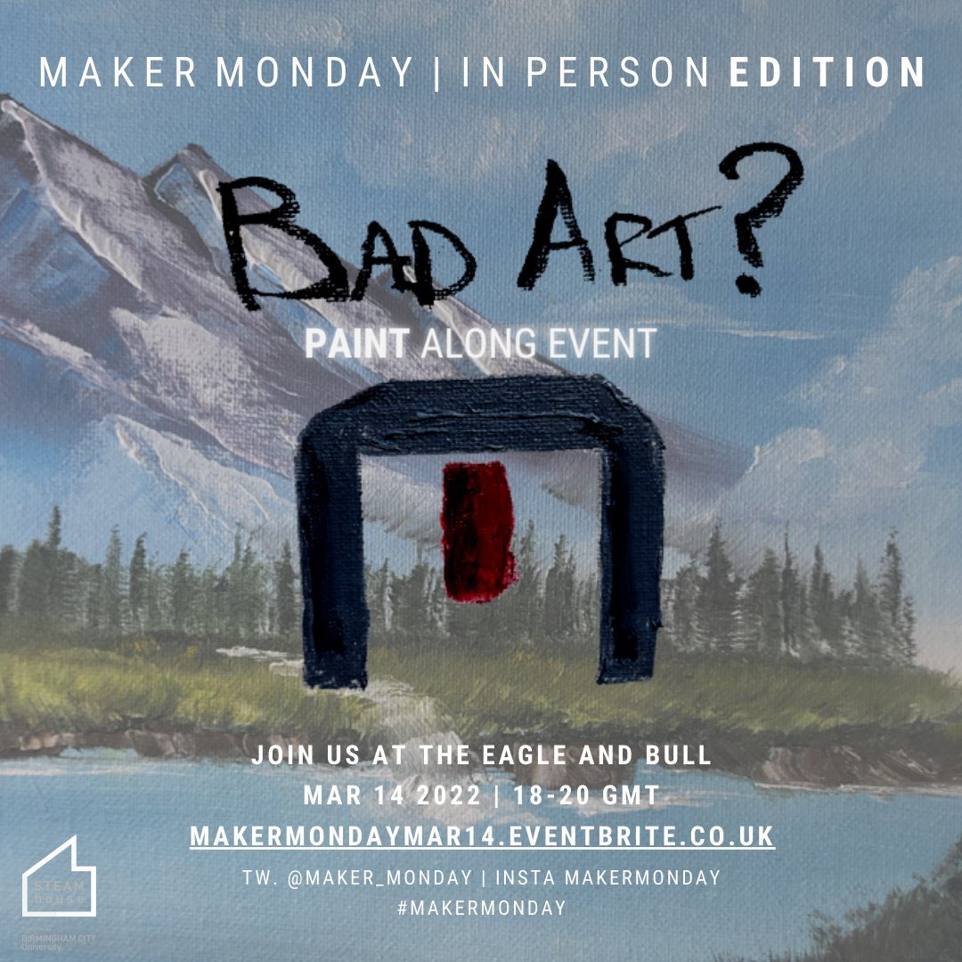 Alexa Hartwell (@alexa_hartwell) on Twitter photo Why is #bobross art? Was opening question at Maker Monday. Bob made people think they can paint and <a href="/Maker_Monday/">Maker Monday</a> decided to reenact Bob’s approach and bring the creative hands-on jollities to the pub on Monday. Ended up being a messy workshop free from limitations <a href="/STEAMhouseUK/">STEAMhouse</a> Why is #bobross art? Was opening question at Maker Monday. Bob made people think they can paint and <a href="/Maker_Monday/">Maker Monday</a> decided to reenact Bob’s approach and bring the creative hands-on jollities to the pub on Monday. Ended up being a messy workshop free from limitations <a href="/STEAMhouseUK/">STEAMhouse</a>