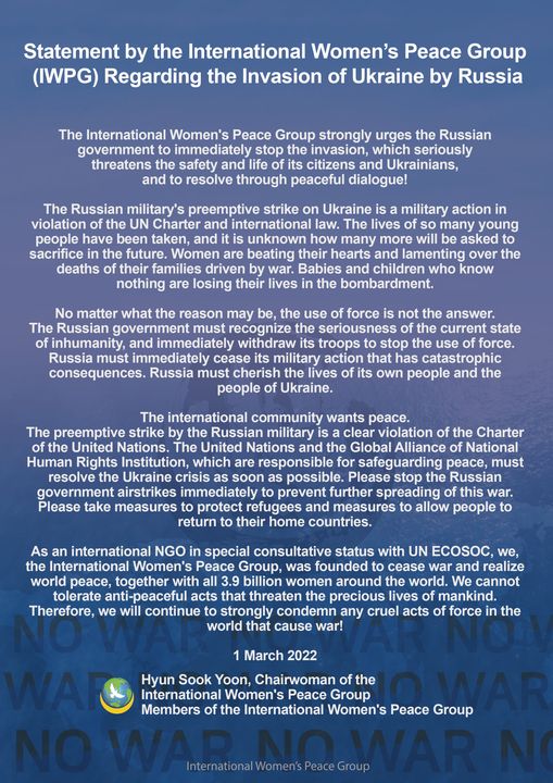 CandyOlivia7's tweet photo. Statement by International Women’s Peace Group
(IWPG) Regarding the Invasion of Ukraine by Russia
#TogetherPeace #nowar #Ukraine #Russia #iwpg #Peace #Women https://t.co/JE2A1XA5V4