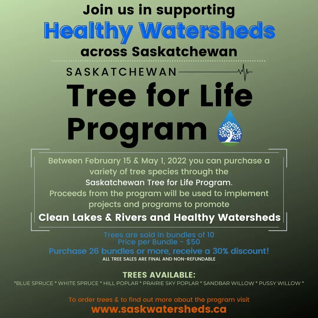 sk_program's tweet photo. From now until May 1, you can help support clean lakes and rivers and healthy watersheds across Saskatchewan by purchasing a tree from the #SKtreeforlife Program! Visit https://t.co/gvg436RDDt for more information! #treesandwater #healthywater #healthytreeshealthywaters https://t.co/VBLjGvHFCR