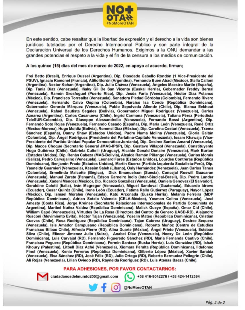 Firmamos este #Comunicado para que exista verdadera paz en el mundo.  Deben dejar de existir las organizaciones que promueven la Guerra. Por la paz y la solución negociada del conflicto #NoMoreOtan #NoMásOtan