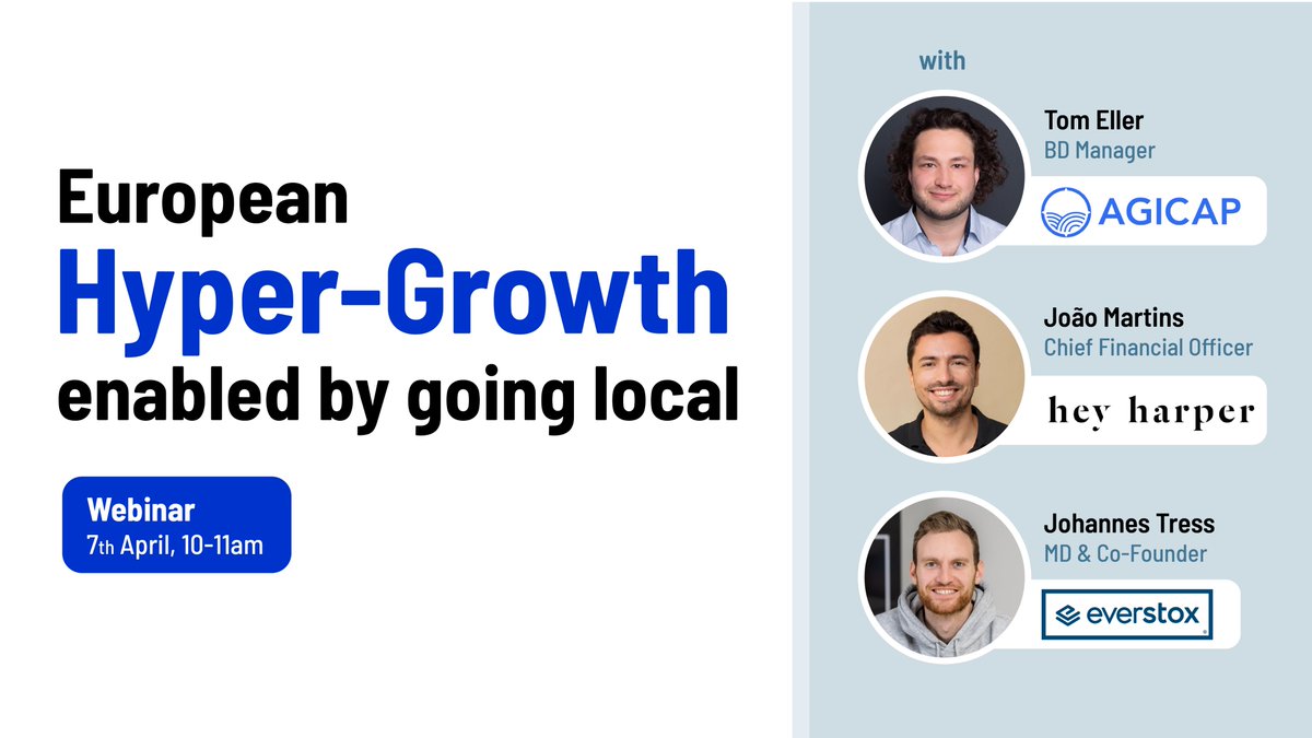 Make #logistics and #cashflow your secret weapons to win over next customers: simply go local! Join us on April 7th for the #webinar with João Martins (#heyharper), Tom Eller (<a href="/AgicapGermany/">Agicap Germany</a>) &amp; Johannes Tress (<a href="/everstox/">everstox</a>) to learn the Do’s and Don’ts when expanding your business!