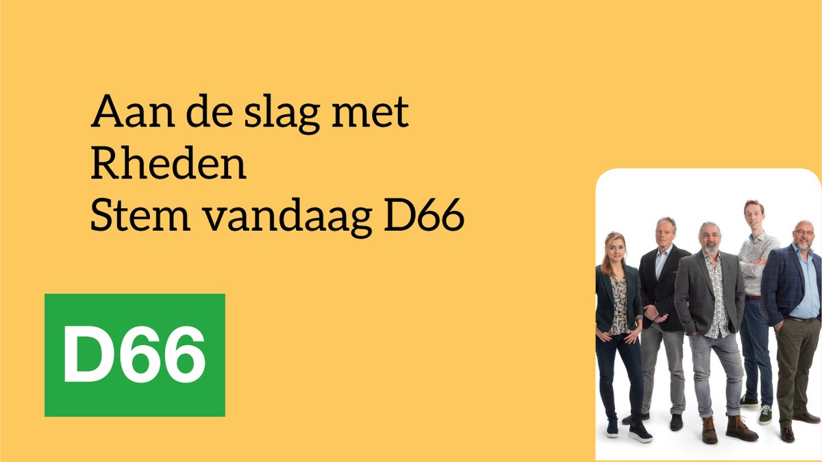 Aan de slag met Rheden. #GR22 
Wij willen zorgen voor kansen voor iedereen. 
Stem 16 maart #D66Rheden 
Lees ons volledige programma op: d66.nl/rheden/