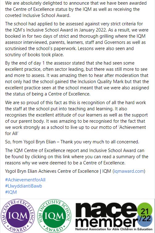 YsgolBrynElian's tweet image. YSGOL BRYN ELIAN GAINS CENTRE OF EXCELLENCE STATUS AND ALSO THE INCLUSIVE SCHOOL AWARD.
@iqmaward
