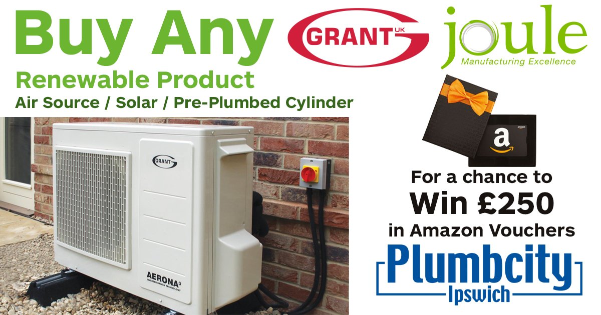 The future is green energy. Purchase ANY Grant or Joule renewable heating product (Air Source Heat Pump  / Solar / Pre-Plumbed Cylinder) from Plumbcity Ipswich Jan -April 2022 to enter their prize draw for a chance to win a £250 Amazon voucher! Ask staff for more details.